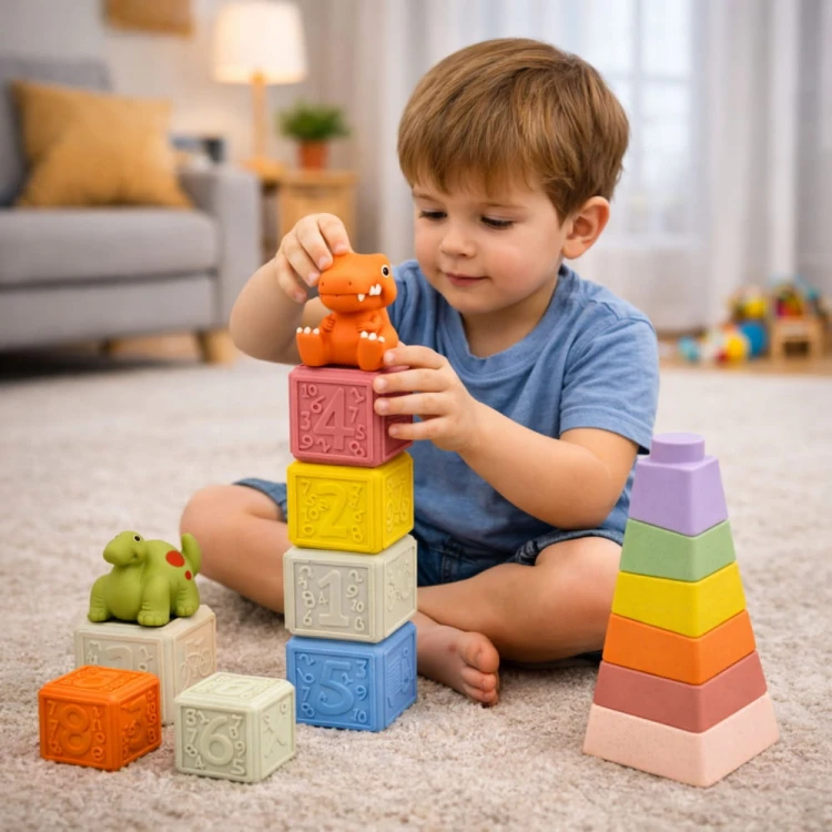 Zestaw Miękkie Klocki Sensoryczne Edukacyjne Gumowe Dinozaury 14 el.